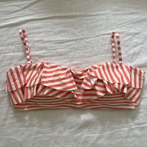 JCrew Ruffle bandeau bikini top in mixed stripe [color: CORAL]